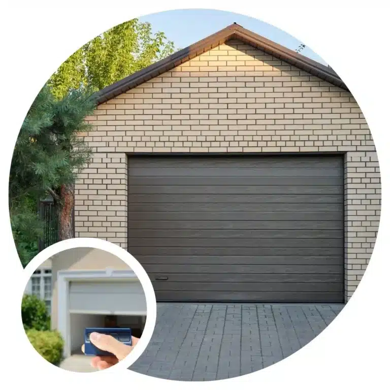 brown garage door on detached brick garage